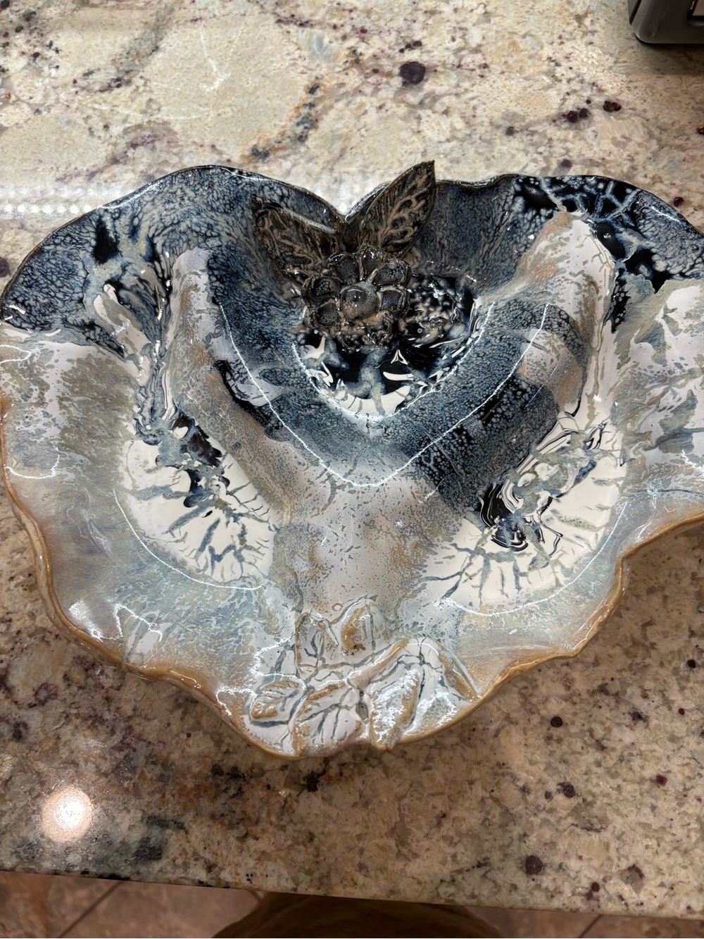 Handmade Decorative Ceramic Shell Bowl in Black/Cream Robin Egg Blue Studio